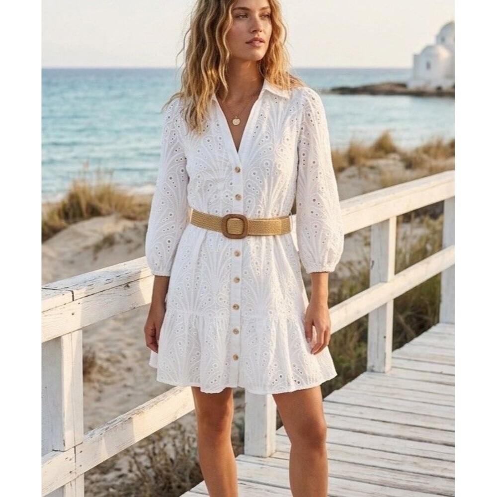MNG Mango White Eyelet Broderie Anglaise Belted Shirt Dress Size USA 0/XXS  Mini